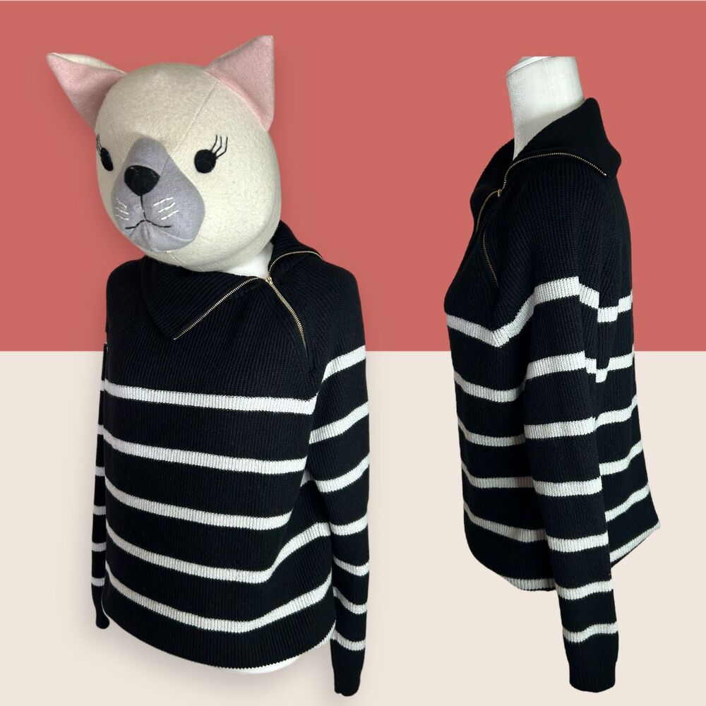 🦓 STRIPED SWEATER GOLD ZIPPER COWL NECK BLACK WHITE LARGE MARC NEW YORK